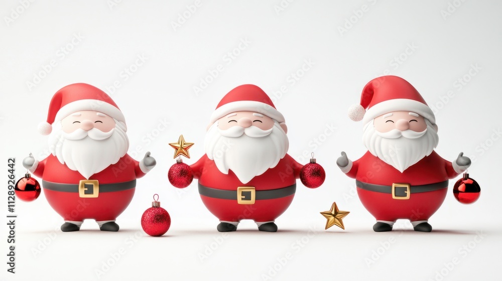 Collection of cheerful 3D Santa Claus characters with festive accessories like ornaments and stars, isolated on white Collection of cheerful 3D Santa Claus characters with festive accessories like ornaments and stars, isolated on white