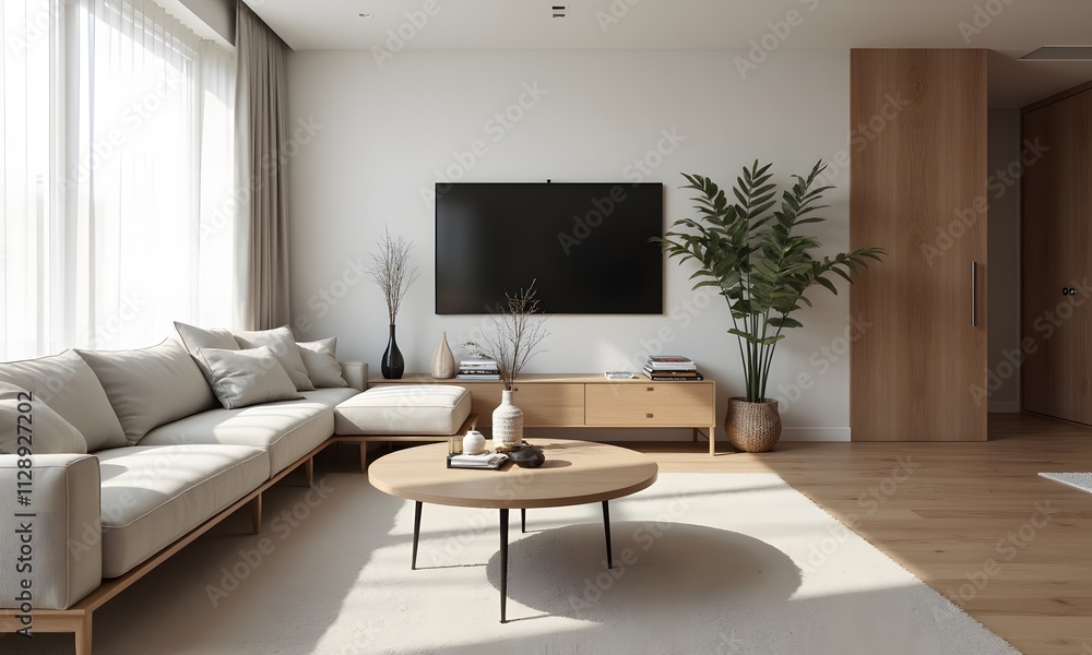 Modern living room interior with cozy electronics and sofas with contemporary furniture, Generative AI