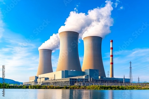 A serene image of a nuclear power plant with cooling towers releasing white steam into a blue sky photo