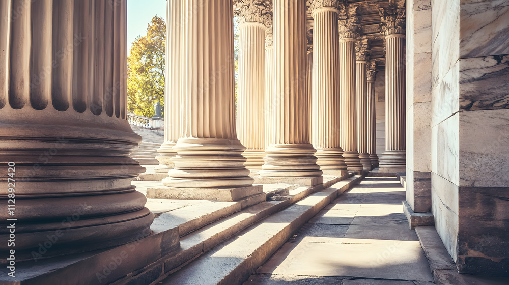 A row of classical columns with steps. A row of classical columns with steps.