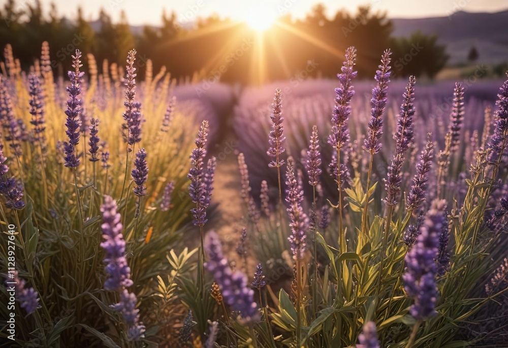 Obraz premium Golden sunlight filtering through the lavender stalks creating a warm glow, lavender fields, warm tones , golden light