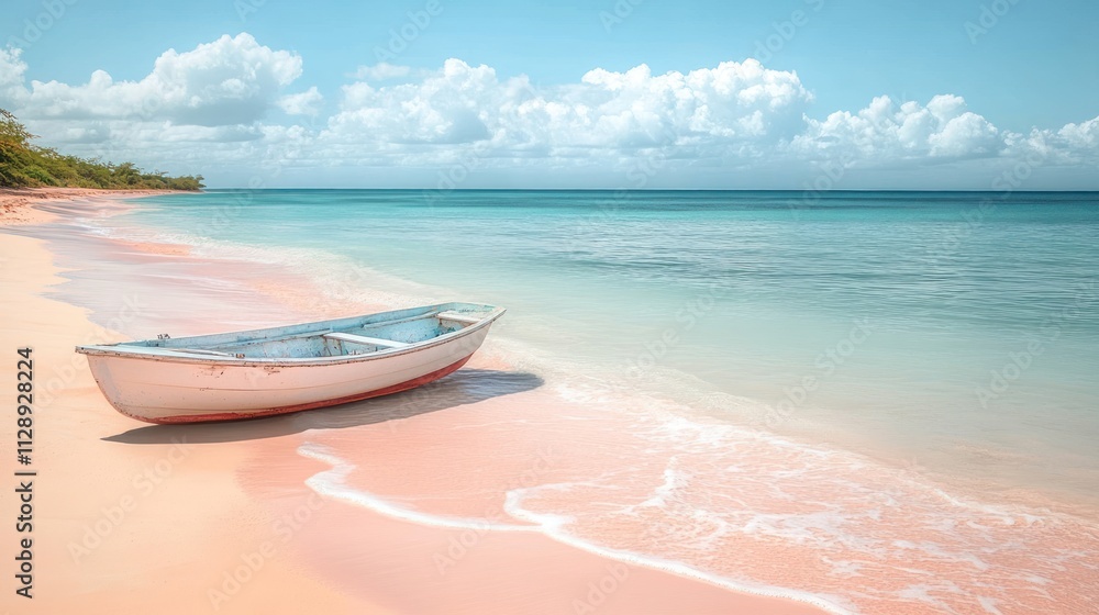 Tranquil pink sand beach with small boat. Tranquil pink sand beach with small boat.