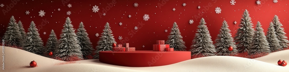 Whimsical Winter Wonderland banner with Gift, Snowflakes, and Christmas Trees, Indoors for Marketing or Greeting Cards Whimsical Winter Wonderland banner with Gift, Snowflakes, and Christmas Trees, Indoors for Marketing or Greeting Cards