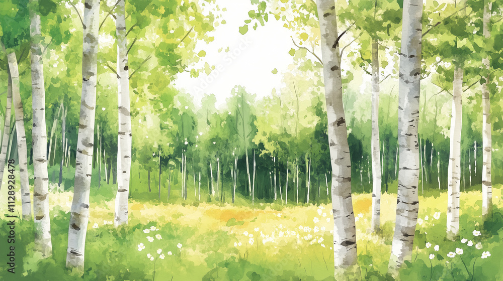 Obraz premium A birch forest in early spring with fresh green leaves and scattered blossoms, watercolor style