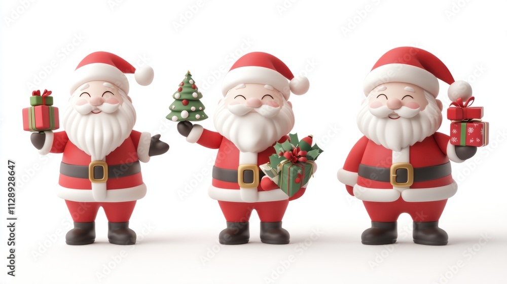 Collection of cute 3D Santa figures, one holding a Christmas tree and another carrying gifts, on a white background Collection of cute 3D Santa figures, one holding a Christmas tree and another carrying gifts, on a white background