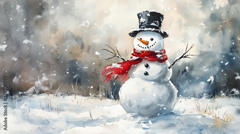 A cheerful snowman with a red scarf and a black top hat, standing in a snow-covered meadow, watercolor style A cheerful snowman with a red scarf and a black top hat, standing in a snow-covered meadow, watercolor style
