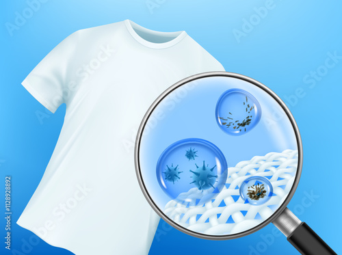 White washed t-shirt. Clothes fabric close up through magnifying glass with dirt stains and germs. Vector illustration