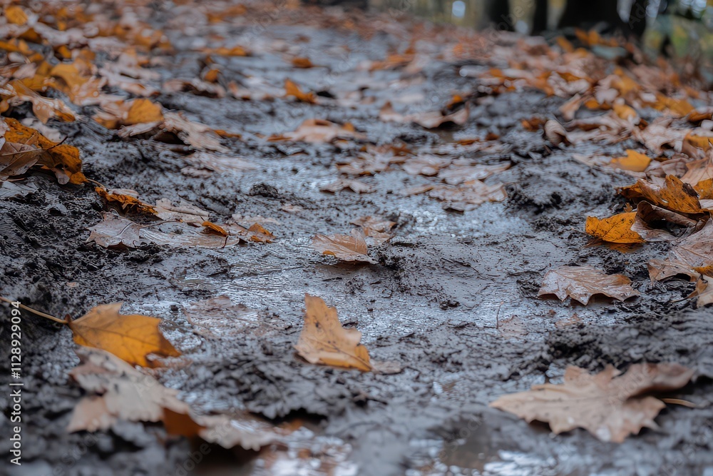 A muddy path covered with fallen leaves, depicting a serene autumn landscape. A muddy path covered with fallen leaves, depicting a serene autumn landscape.