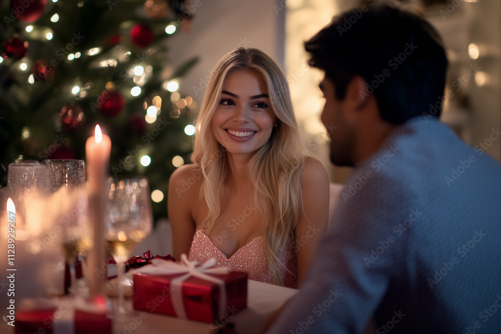 A couple sits at a table, exchanging Christmas gifts, with joy and warmth in the festive setting. A couple sits at a table, exchanging Christmas gifts, with joy and warmth in the festive setting.