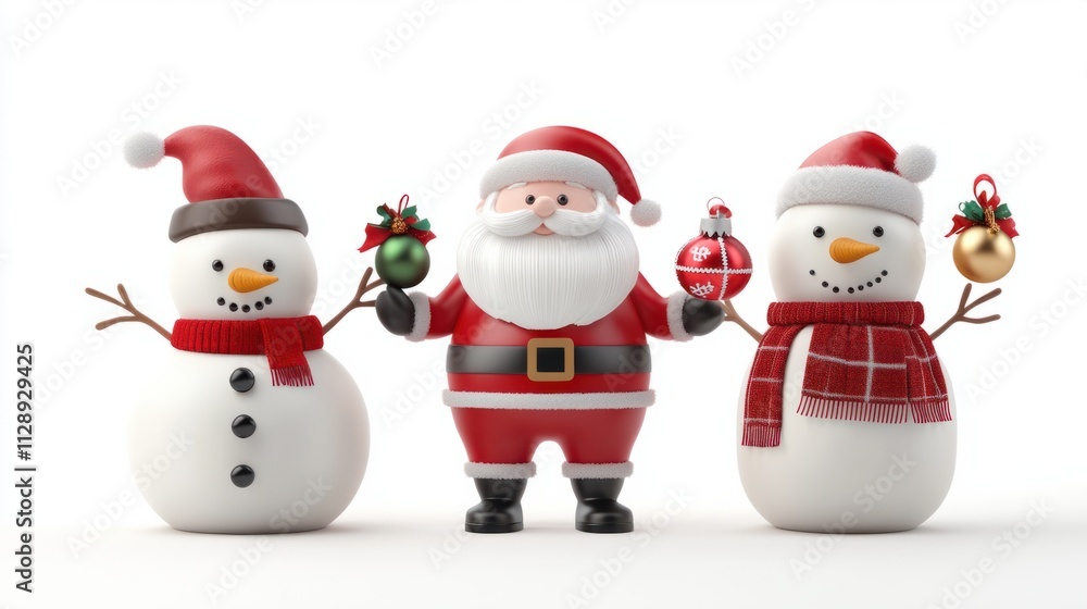 Cute 3D Santa figures standing by a snowman and carrying holiday decorations, perfect for festive themes, on white Cute 3D Santa figures standing by a snowman and carrying holiday decorations, perfect for festive themes, on white