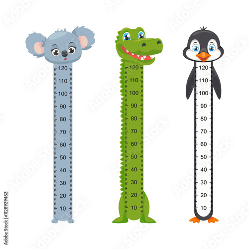 Wall Sticker for height measurement kids, kids height chart with cartoon animals. Cute wall meter with funny animals crocodile, penguin, koala.