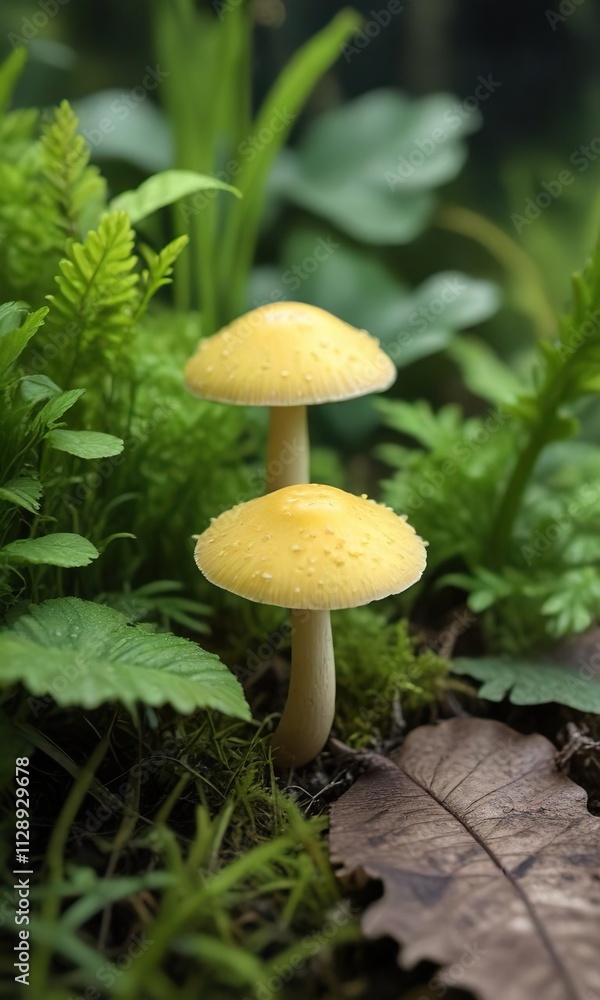 A tiny, pale yellow mushroom growing on a large leaf, hidden beneath the dense green blades of grass, small mushroom, A tiny, pale yellow mushroom growing on a large leaf, hidden beneath the dense green blades of grass, small mushroom,
