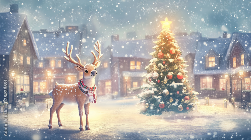 A reindeer figurine wearing a festive scarf, standing under a softly lit Christmas tree in a snowy village square, watercolor style A reindeer figurine wearing a festive scarf, standing under a softly lit Christmas tree in a snowy village square, watercolor style