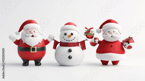 Cute 3D Santa figures standing by a snowman and carrying holiday decorations, perfect for festive themes, on white