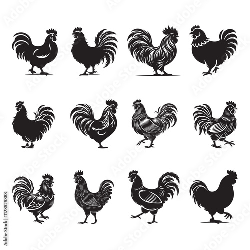 Chicken Silhouette Vector Illustration, Solid White Background.