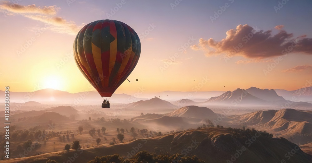 A solitary hot air balloon hovering in the sky above a vast landscape, floating, balloons A solitary hot air balloon hovering in the sky above a vast landscape, floating, balloons