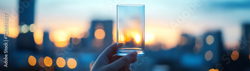 Hand holding glass with city skyline in background at sunset. photo