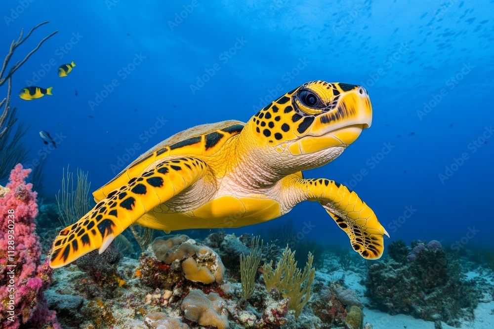 Fototapeta premium A turtle swimming in clear ocean waters, surrounded by colorful coral and schools of fish