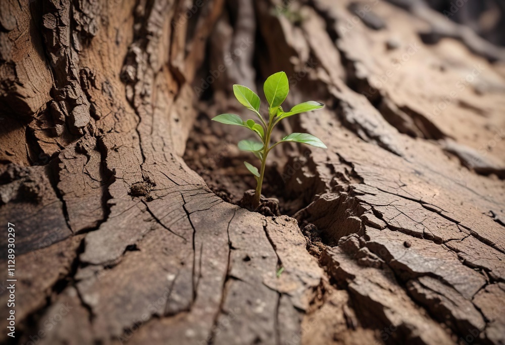 A small seedling pushing through the cracks in a dry and cracked tree bark , tree trunks, erosion, trees A small seedling pushing through the cracks in a dry and cracked tree bark , tree trunks, erosion, trees