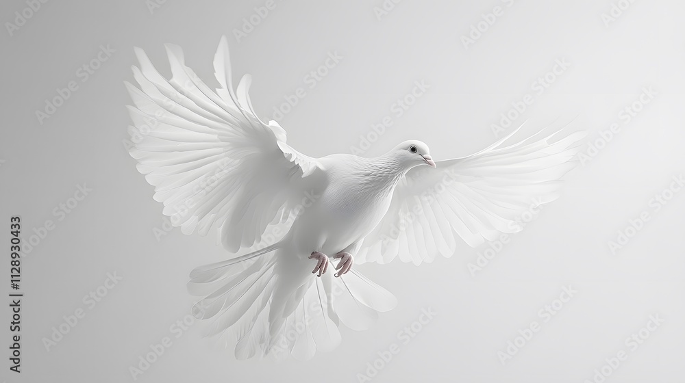 Fototapeta premium Majestic white dove captured mid-flight displays&nbsp;spread wings and pure feathers in&nbsp;graceful pose, symbolizing peace and freedom against&nbsp;pristine studio background.