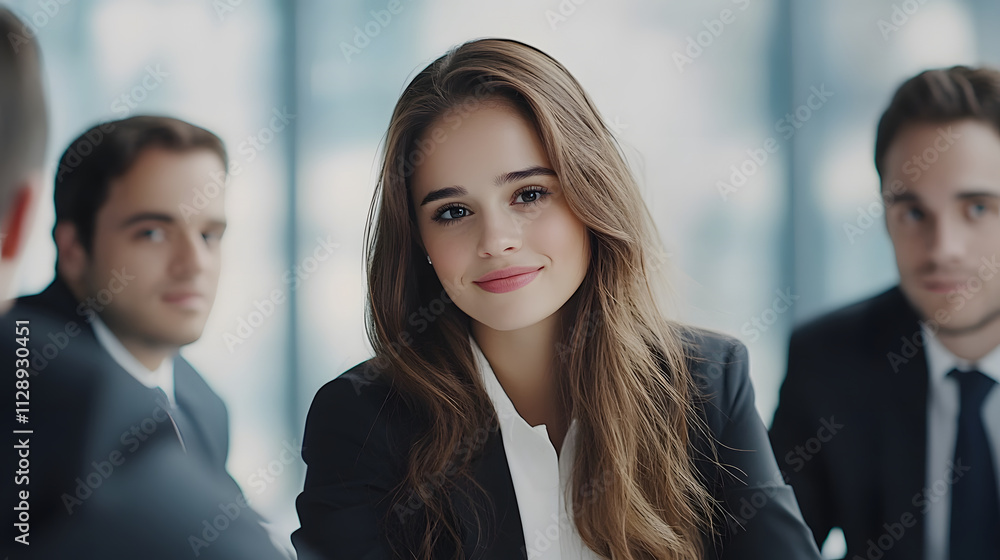 Professional woman in meeting with male colleagues, smiling confidently Professional woman in meeting with male colleagues, smiling confidently