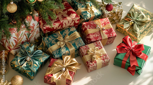 A pile of gifts wrapped in red, green, and gold paper with bows, surrounded by ornaments under the tree, light background, copy space photo