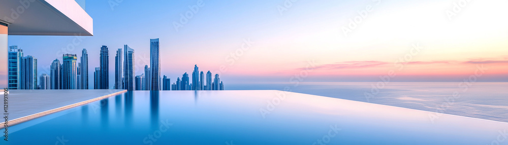 Infinity pool overlooking city skyline at sunset. Infinity pool overlooking city skyline at sunset.