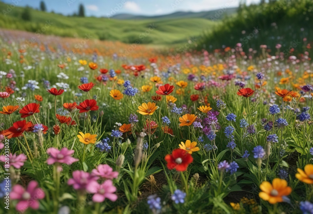 A serene and peaceful scene of multicolored wildflowers swaying in the breeze amidst a lush green field, calm, nature A serene and peaceful scene of multicolored wildflowers swaying in the breeze amidst a lush green field, calm, nature