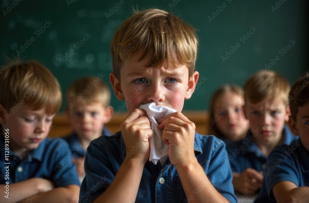sick boy in school class with napkin for runny nose sick boy in school class with napkin for runny nose
