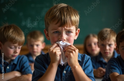 sick boy in school class with napkin for runny nose