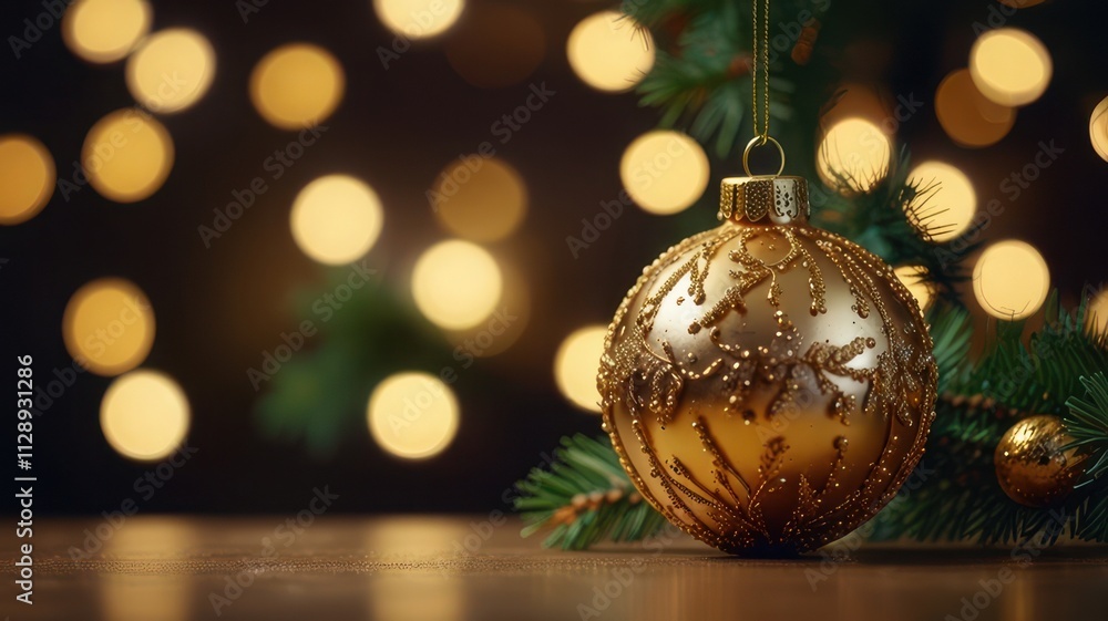 Christmas Tree - Golden Ornament Hanging Fir Branches With Bokeh Lights In Glittering Background Christmas Tree - Golden Ornament Hanging Fir Branches With Bokeh Lights In Glittering Background
