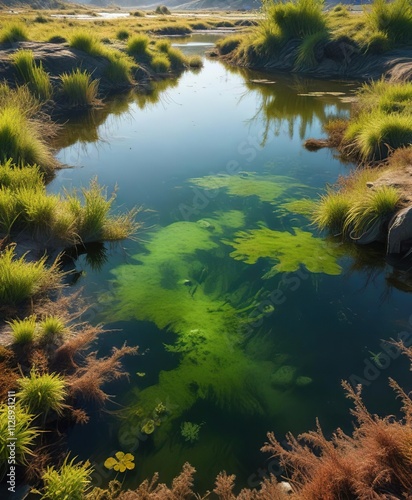 A polluted pond with algae blooms and bacteria growth, foul, bacterial growth, pollution