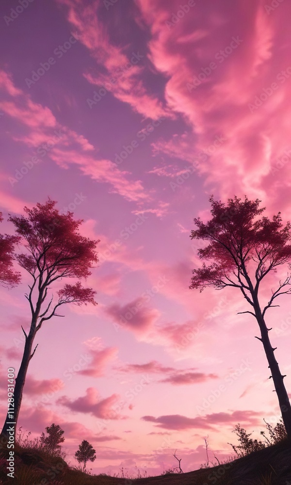 A minimalist tree line against a bright pink sky with a few wispy clouds, peaceful view, calm atmosphere, natural scenery A minimalist tree line against a bright pink sky with a few wispy clouds, peaceful view, calm atmosphere, natural scenery