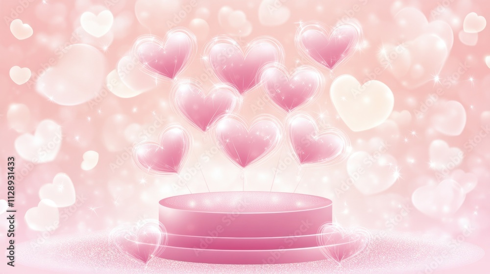 Romantic Pink Hearts Background with Floating Balloons and Bokeh Romantic Pink Hearts Background with Floating Balloons and Bokeh
