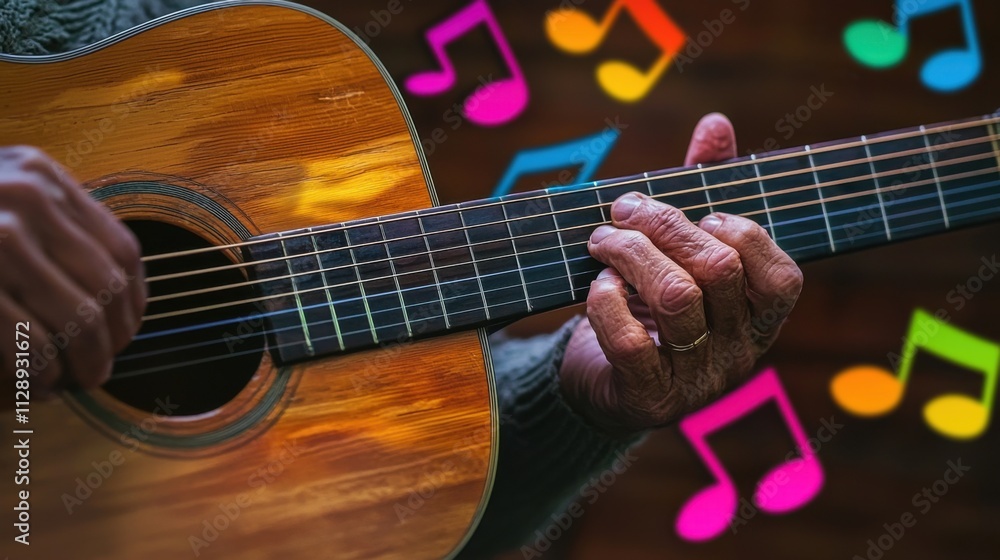 Obraz premium Acoustic Guitar Player Performing Musical Notes and Melody