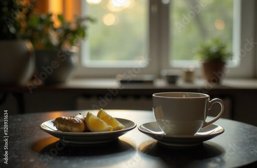 Wallpaper Mural a cup of tea in a white mug on the table, next to it on a saucer there is lemon and ginger, against the backdrop of a light apartment interior Torontodigital.ca