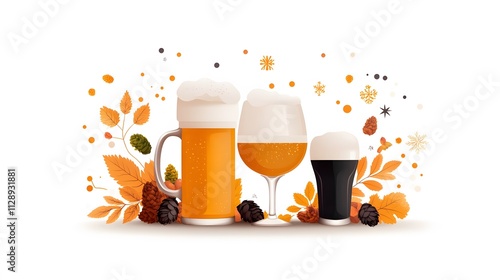 International beer day graphic with frothy beer mugs, hop plants, and festive elements, flat vector design photo