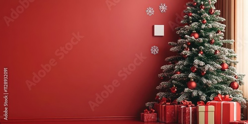 Christmas Tree with Red Gifts, White Lights on Minimalistic Red Wall Backdrop - Ideal for Festive Celebrations, Interior Design, or Seasonal Advertisements