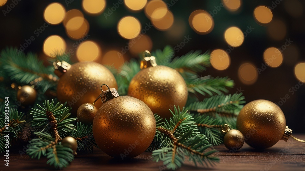 Christmas Tree - Golden Ornament Hanging Fir Branches With Bokeh Lights In Glittering Background Christmas Tree - Golden Ornament Hanging Fir Branches With Bokeh Lights In Glittering Background