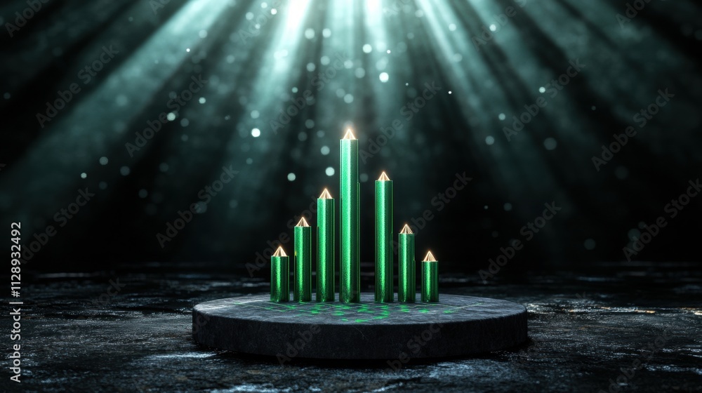 the image depicts a stylized, possibly futuristic, graph on a dark stone platformEmerald Growth Chart on Dark Stone Platform the image depicts a stylized, possibly futuristic, graph on a dark stone platformEmerald Growth Chart on Dark Stone Platform