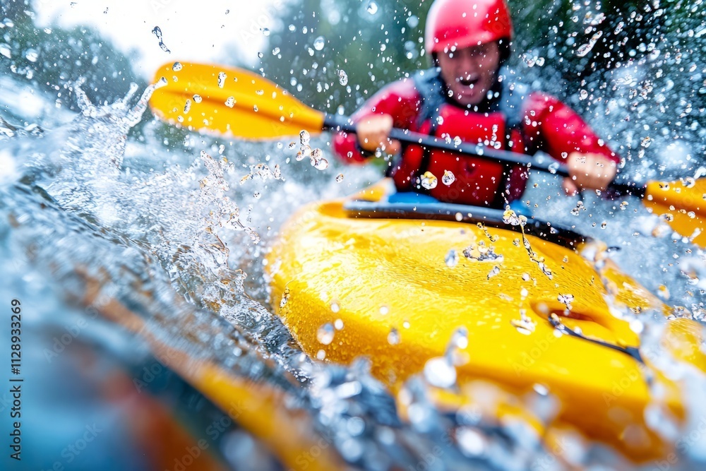 Naklejka premium Professional kayaker paddling a yellow kayak through rough water, generating splashes