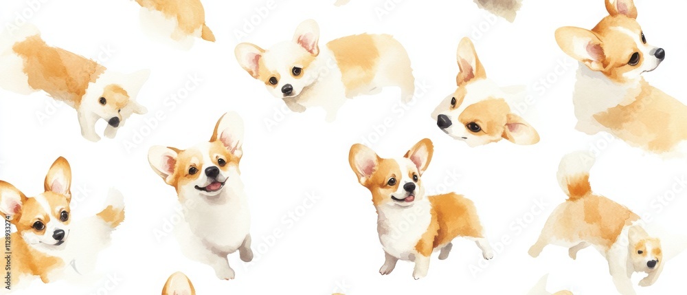 Naklejka premium Adorable Watercolor Pattern of Playful Corgi Dogs on White Background