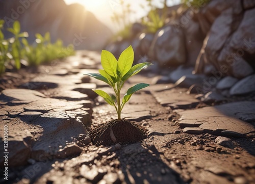 Resilient seedling in sunlit landscape with cracks, blooming, nature photo