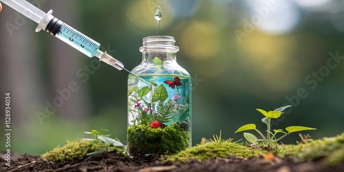 Double Exposure Photography of a Syringe and Bottle Symbolizing Medicine and Health, Blending Elements of Nature for a Thought-Provoking Visual Representation