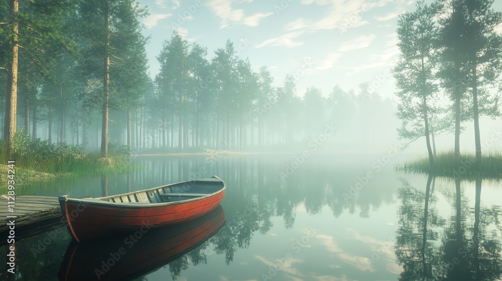 A serene lakeside scene with a red boat reflecting in calm waters surrounded by trees and mist.