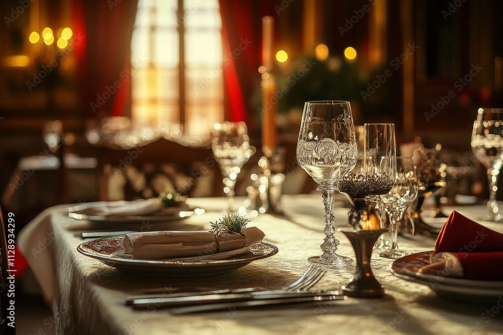 Elegant dining table setting in a luxurious room with sunlight streaming through a window. Elegant dining table setting in a luxurious room with sunlight streaming through a window.