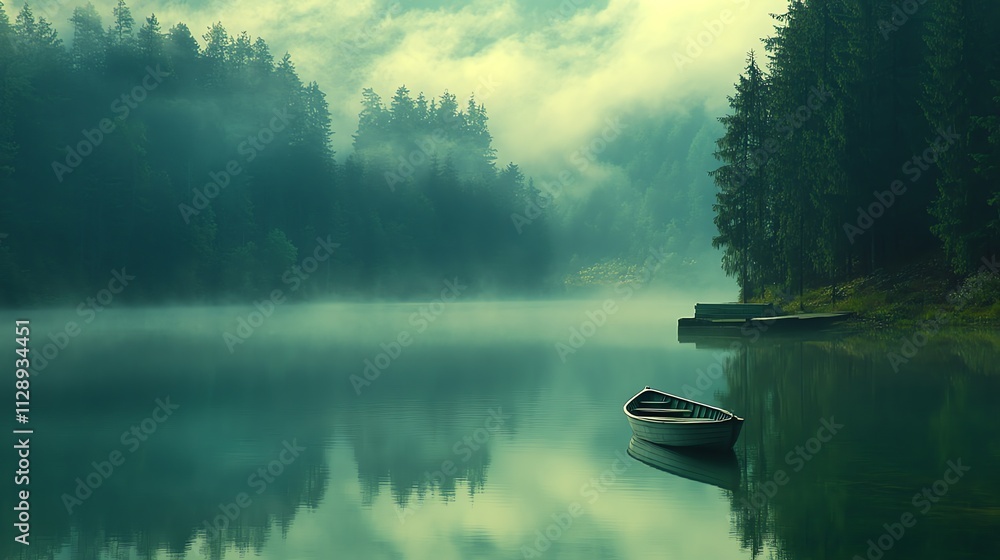 A serene lake scene with mist, surrounded by trees and a lone boat.