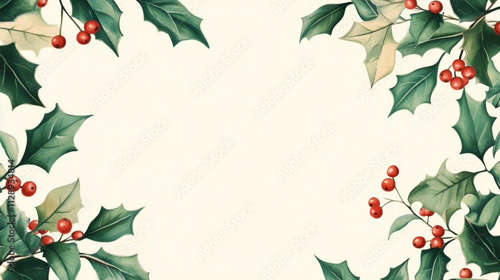 A seamless holly border with alternating leaves and berries along the top and bottom, light background, copy space A seamless holly border with alternating leaves and berries along the top and bottom, light background, copy space