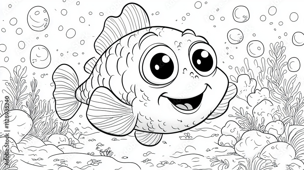 Fototapeta premium Adorable Cartoon Fish in Underwater Paradise Coloring Page