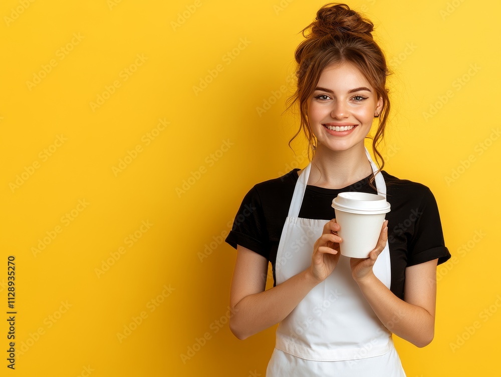 Joven sonriente con delantal sosteniendo un vaso de café para llevar, frente a un fondo amarillo vibrante.
Joven sonriente con delantal sosteniendo un vaso de café para llevar, frente a un fondo amarillo vibrante.